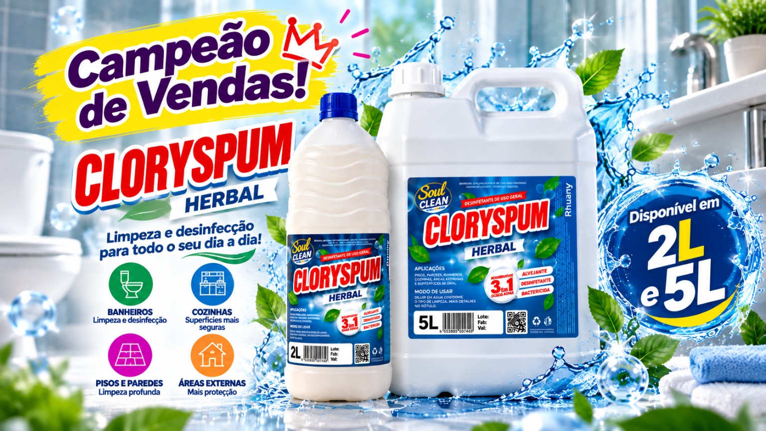 Cloryspum Herbal, disponível em 2 e 5 litros.